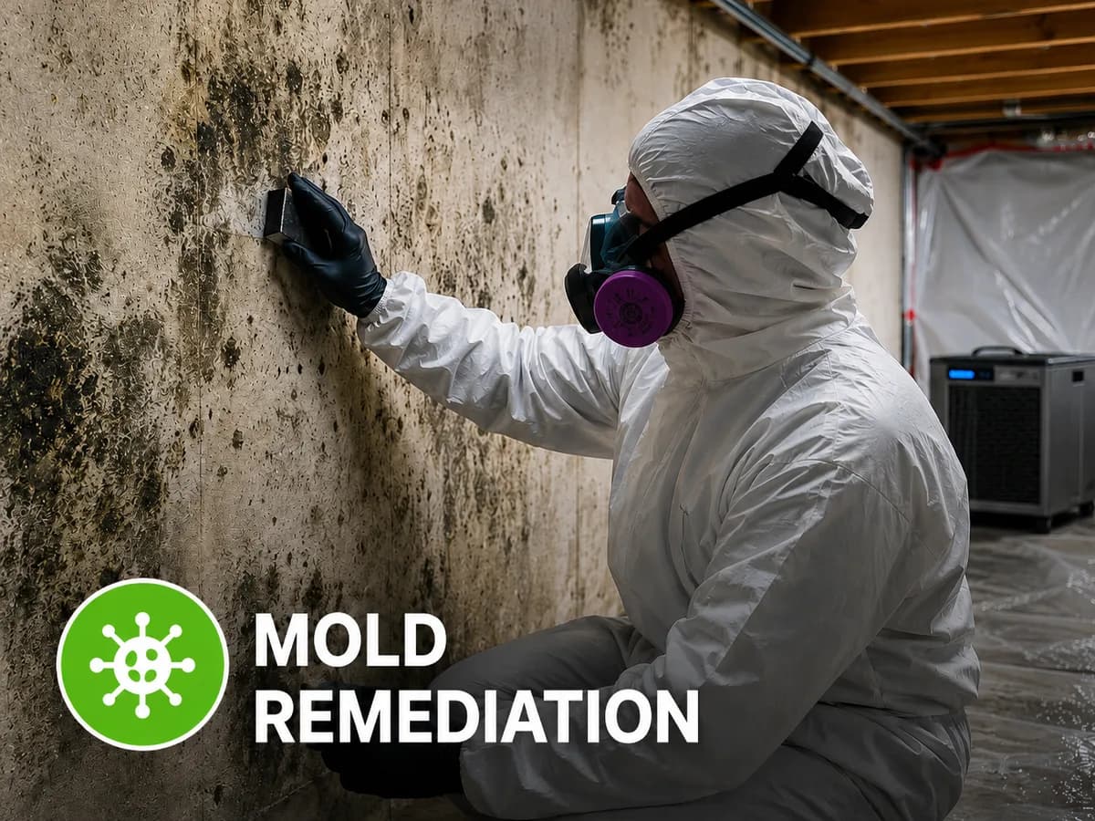 Mold remediation specialist treating mold on a basement wall